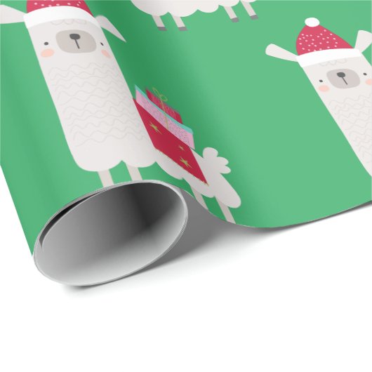 Papier Cadeau Joli Motif Llama de Noël en vert (Coin rond)