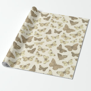 Papier Cadeau Joli motif papillon doré beige pour fille