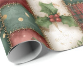 Papier Cadeau Joli motif patchwork de Noël moderne en or (Coin rond)