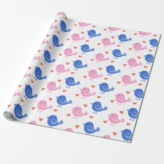 Papier Cadeau Joli motif répétitif d'oiseau bleu rose Cœur Amour (Déroulé)