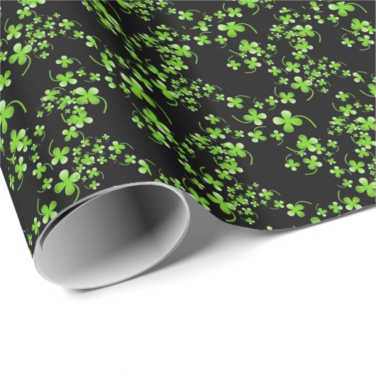 Papier Cadeau Joli motif Shamrock, vert sur accessoire noir (Coin rond)