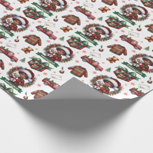 Papier Cadeau Joli Noël Africain Américain Boy & Puppy (Coin)