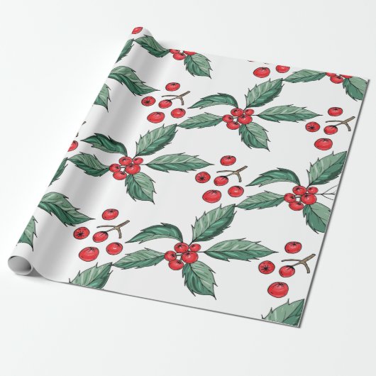 Papier Cadeau Joli Noël Holly Feuilles et baies (Déroulé)