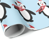 Papier Cadeau Joli Noël Pingouin Rouge Aquarelle Vacances (Coin rond)