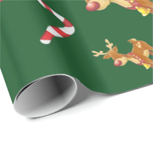 Papier Cadeau Joli Noël Rudolph Sucre de canne Motif vert
