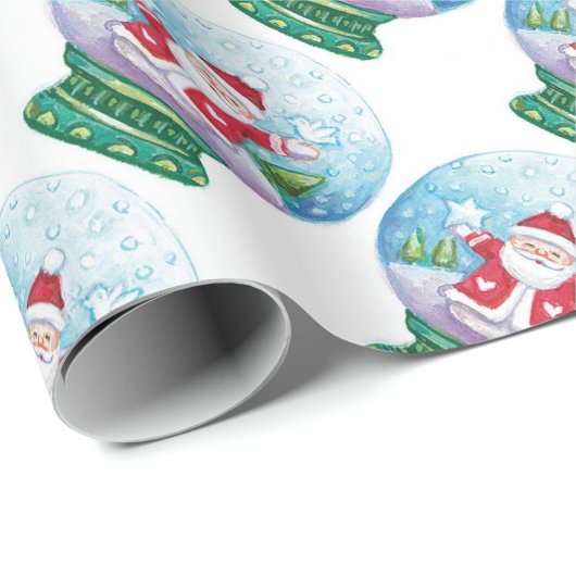 Papier Cadeau Joli Noël Snowglobe Père Noël, Étoile, Oiseau (Coin rond)