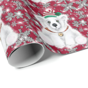 Papier Cadeau Joli ours polaire pailleté de Noël avec flocons de