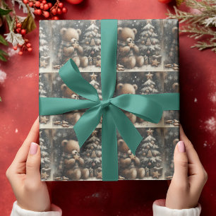 Papier Cadeau Joli Ours Teddy Noël Simple Grande Carrelée