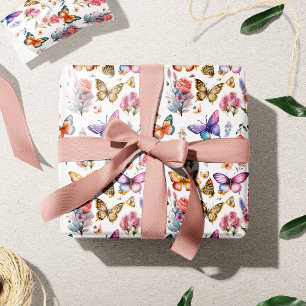Papier Cadeau Joli papillon d'aquarelle Motif de jardin fleuri