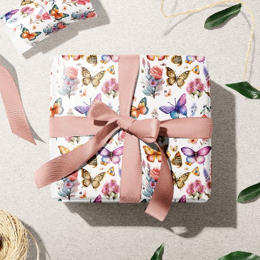Papier Cadeau Joli papillon d'aquarelle Motif de jardin fleuri