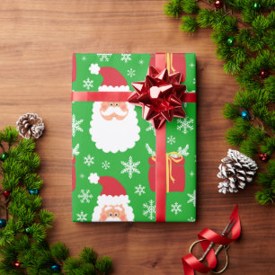 Papier Cadeau Joli Père Noël de Noël vert avec cadeaux et flocon