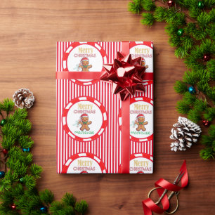 Papier Cadeau Joli Père Noël en pain d'épices personnalisé rouge