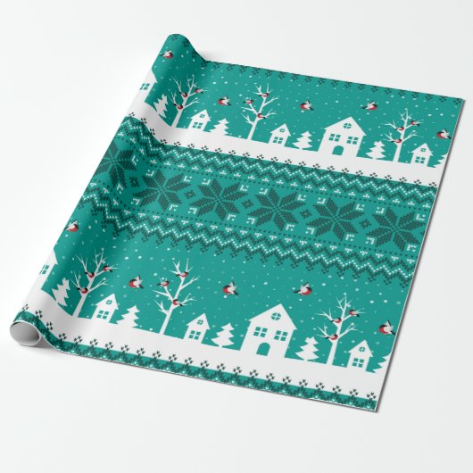 Papier Cadeau Joli Père Noël Motif Noël Turquoise (Déroulé)