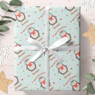 Papier Cadeau Joli pingouin Noël Aqua Neige Personnalisé
