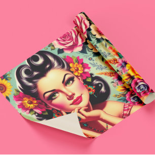Papier Cadeau Joli portrait pin-up floral rétro
