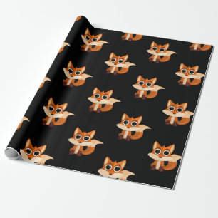 Papier Cadeau Joli renard assis sur fond noir Adorable