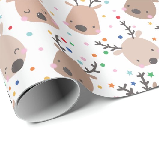 Papier Cadeau Joli renne de Noël avec points et étoiles (Coin rond)