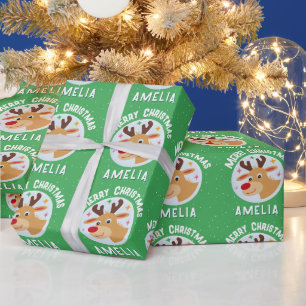 Papier Cadeau Joli Renne Vert Nom de l'Enfant Joyeux Noël