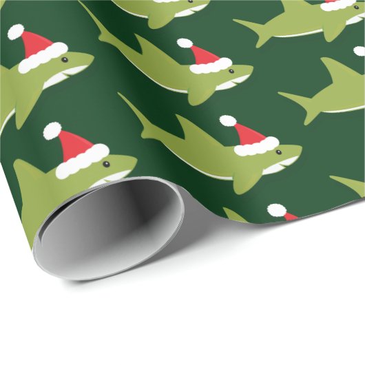 Papier Cadeau Joli requin à Santa Hat Vacances vertes Noël (Coin rond)