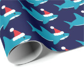 Papier Cadeau Joli requin Santa Chapeau Bleu Fête Noël (Coin rond)
