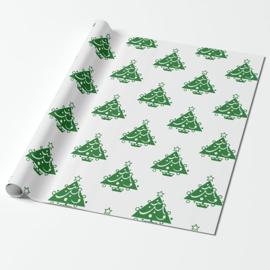 Papier Cadeau Joli Retro vert sapin de Noël Motif sur blanc (Déroulé)