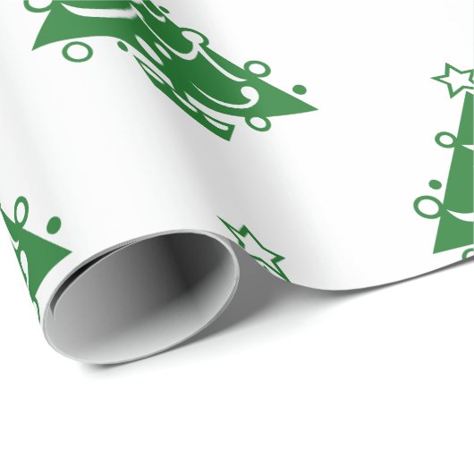 Papier Cadeau Joli Retro vert sapin de Noël Motif sur blanc (Coin rond)