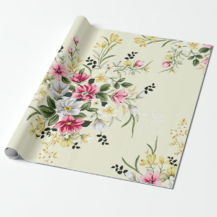 Papier Cadeau joli rose gris et jaune fleurs avec congé vert