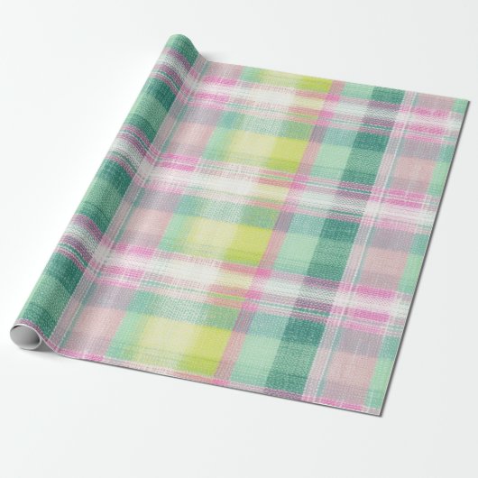 Papier Cadeau Joli rose Vert Plaid Faux Tissu Tissé Look (Déroulé)
