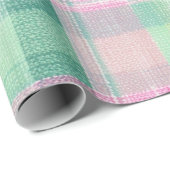 Papier Cadeau Joli rose Vert Plaid Faux Tissu Tissé Look (Coin rond)