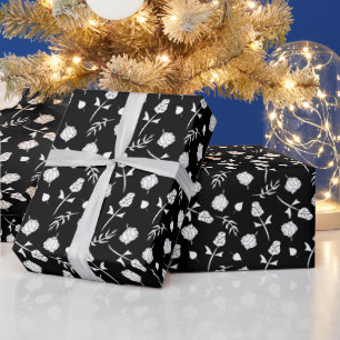 Papier Cadeau Joli Roses Noires et Blanches Rosebud Floral Print
