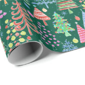 Papier Cadeau Joli sapin de Noël Motif vert bleu rose rouge (Coin rond)