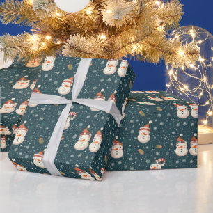 Papier Cadeau Joli Snowmen Snowflakes Green Christmas