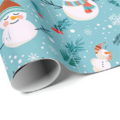 Papier Cadeau Joli Snowmen Snowflakes Green Christmas (Coin rond)