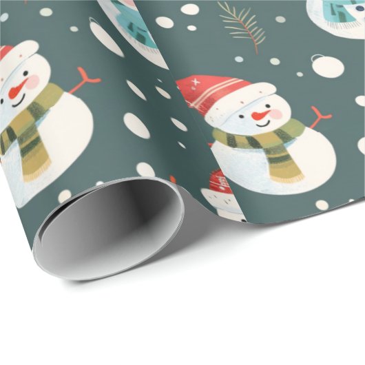 Papier Cadeau Joli Snowmen verdoyant Neige vert Noël (Coin rond)