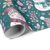 Papier Cadeau Joli Snowmen Vert Snowflakes Vert Noël (Coin rond)