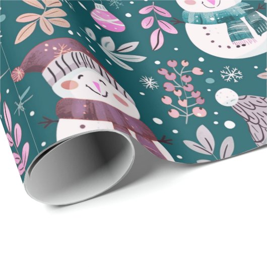 Papier Cadeau Joli Snowmen Vert Snowflakes Vert Noël (Coin rond)