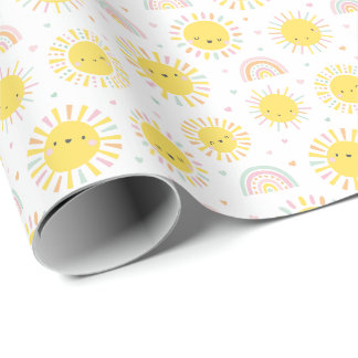 Papier Cadeau Joli soleil pastel, arcs-en-ciel et coeurs