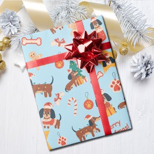 Papier Cadeau Joli teckel de Noël bleu Joyeux Woofmas