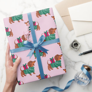 Papier Cadeau Joli teckel de Noël en pull vert rose