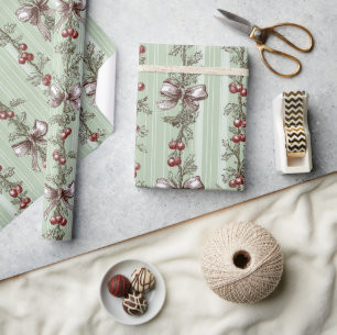 Papier Cadeau Joli Toile Vert Noël Baies Et Rubans
