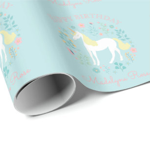 Papier Cadeau Joli Unicorn Floral Aqua Personnalisé Anniversaire