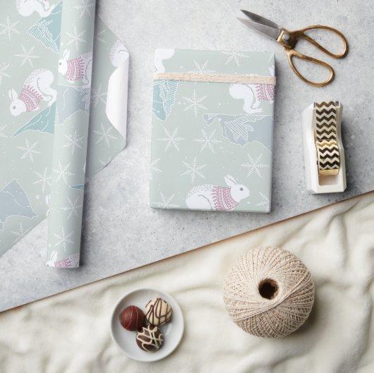 Papier Cadeau Joli vert hiver Noël Bunny Snowflakes Motif (Artisanat)