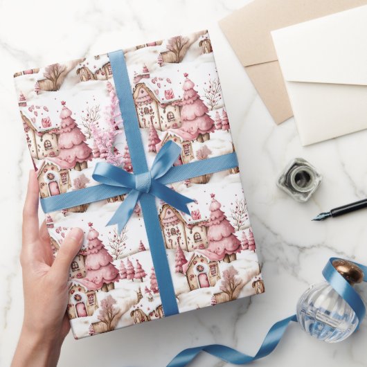 Papier Cadeau Joli Village de Noël Whimsical Rose neige (Cadeaux)
