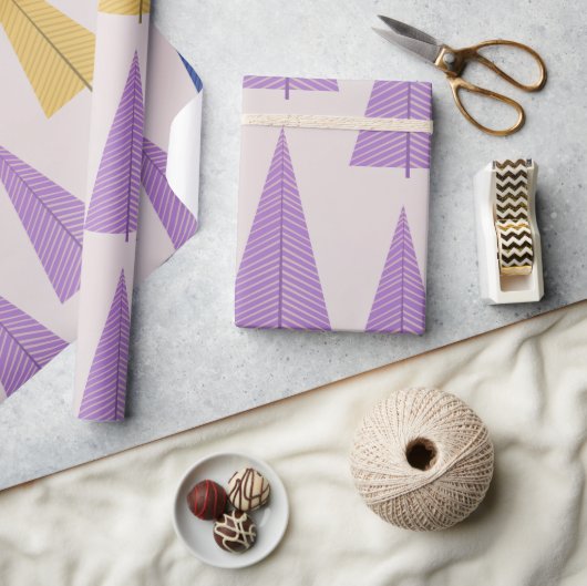 Papier Cadeau Joli violet jaune scandinave arbres de Noël (Artisanat)