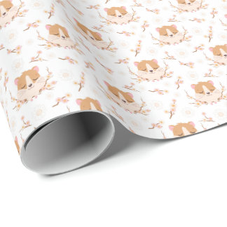 Papier Cadeau Joli visage Hamster et Motif de fleurs roses