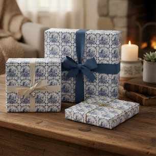 Papier Cadeau Joli voilier moulin à vent hollandais Delft Bleu