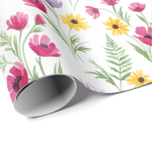 Papier Cadeau Jolie aquarelle florale jaune, violette, rose