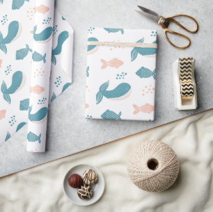 Papier Cadeau Jolie baleine bleue et poisson. Animal marin