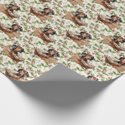 Papier Cadeau Jolie chiot Dachshund dans le panier Noël Holly (Coin)