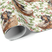 Papier Cadeau Jolie chiot Dachshund dans le panier Noël Holly (Coin rond)